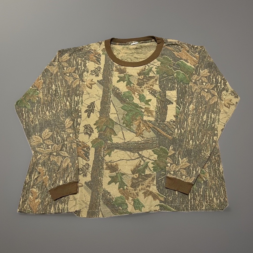 Vintage 80s Mens Cotton Poly Blend Realtree Camo Cropped Long Sleeve T-Shirt